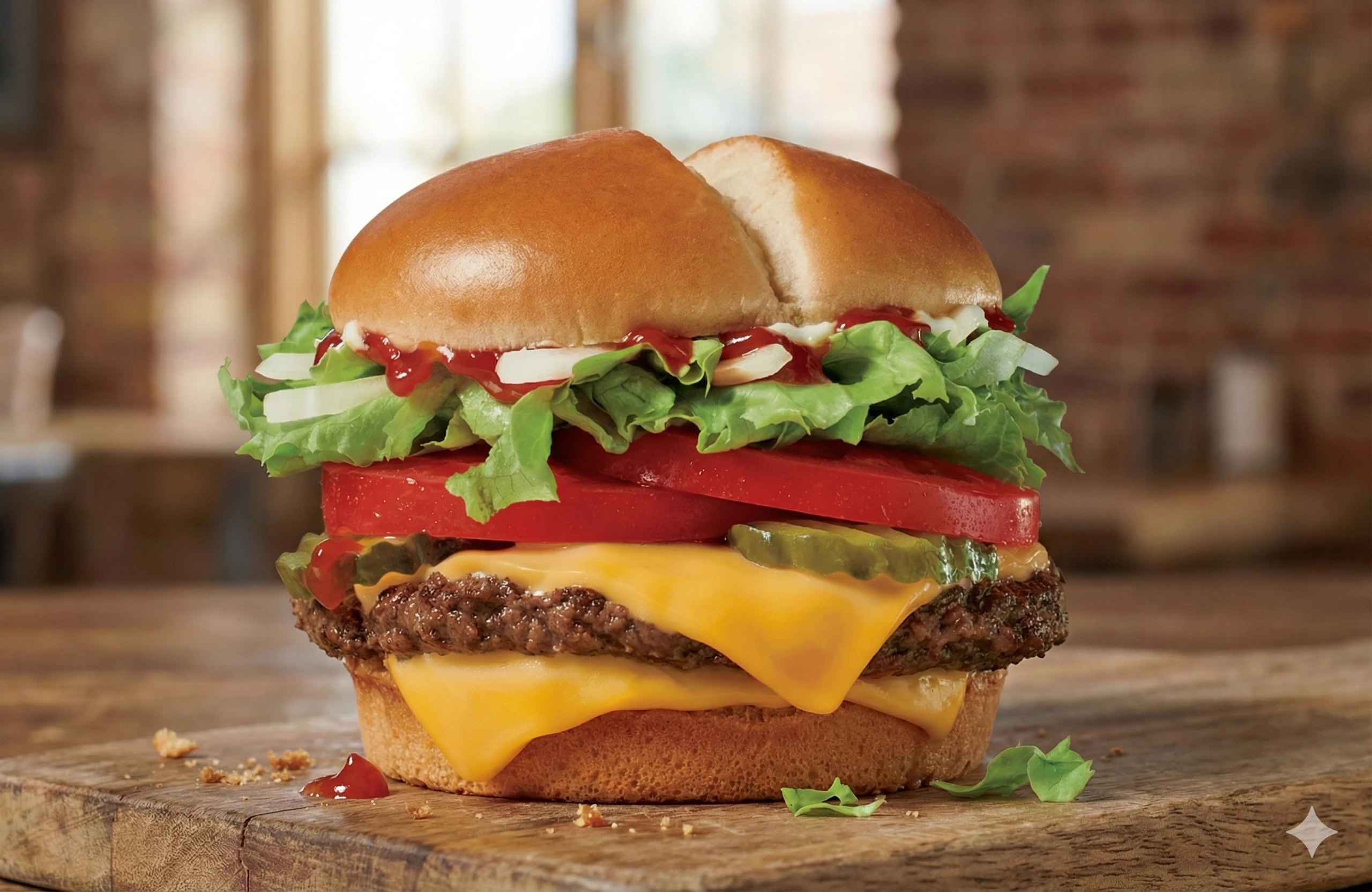 Jumbo Jack Cheeseburger with two slices of American cheese lettuce tomato and pickles